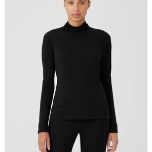 Eileen Fisher Stretch 100% Silk Jersey Scrunch Neck Black Top Women's Size XL